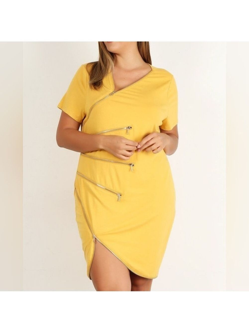 Bodycon Mustard Asymmetrical Zipper Dress Plus Sizes